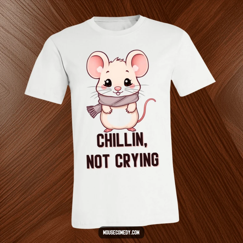 Funny kawaii mouse wearing a miniature scarf, looking slightly cold yet radiating happiness on a t-shirt.
