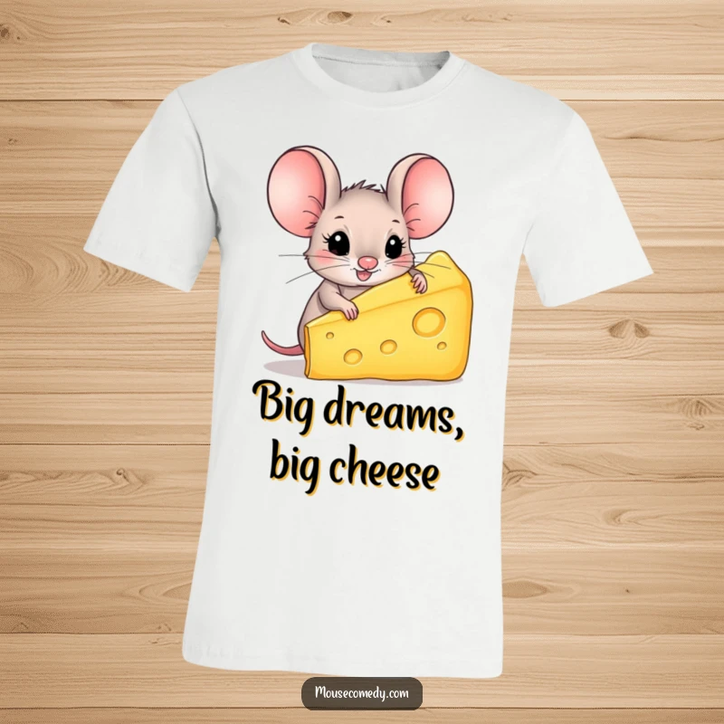 Funny Mouse T-Shirt: A small mouse with disproportionately large ears triumphantly clutches a giant block of cheese, pure delight.