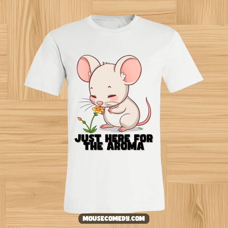 Funny mouse t-shirt featuring a cute character in the act of curiously sniffing a small, colorful flower, conveying gentle discovery.