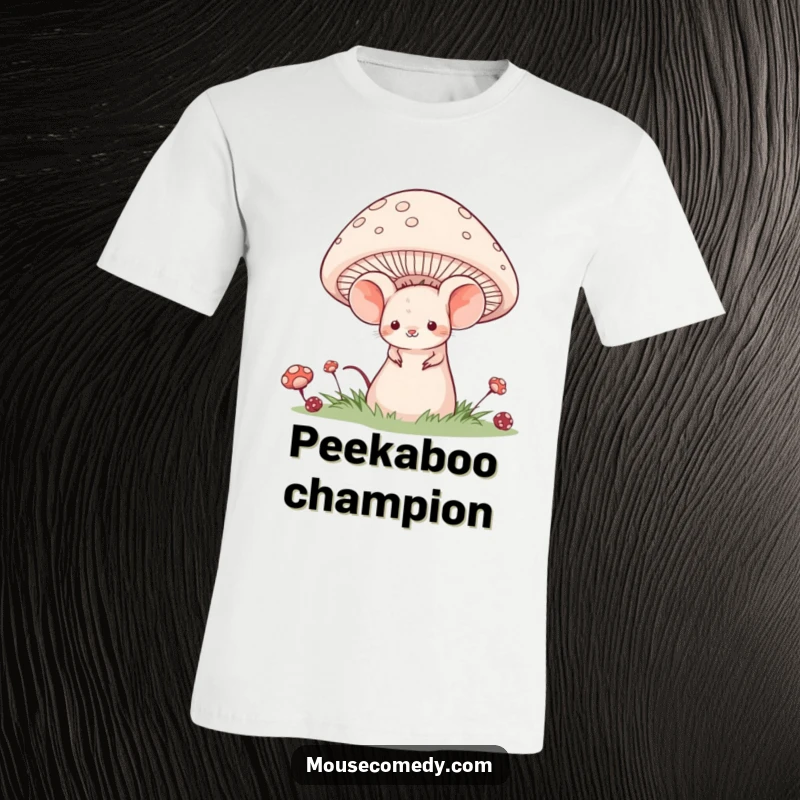 Funny t-shirt design of a timid mouse with a shy smile, peeking from behind a giant, whimsical mushroom.