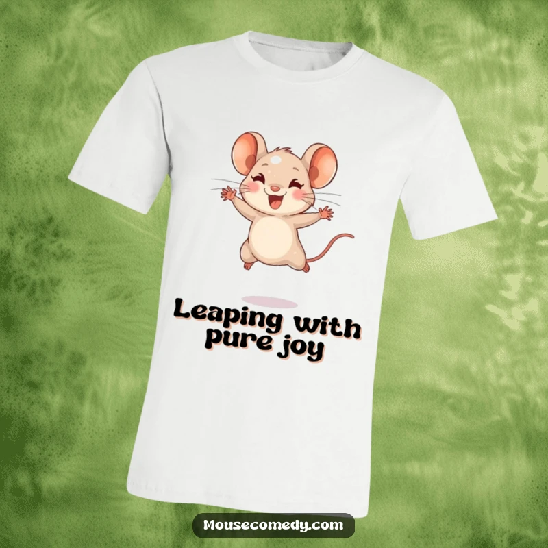 Funny t-shirt graphic of a tiny mouse with energetic bounds, captured mid-leap, radiating pure joy and boundless energy.