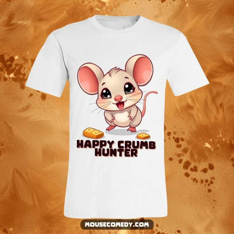 Funny Mouse T-Shirt: A small mouse with bright, sparkling eyes joyfully pursues a bouncing crumb, capturing pure delight.