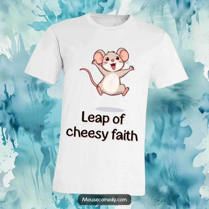 Funny t-shirt illustrating a small, happy mouse mid-air, celebrating a huge victory with its tail held high.