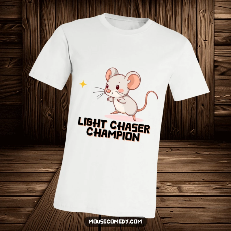 Funny Kawaii Mouse T-Shirt: A small, adorable mouse enthusiastically jumping and playing with a ray of sunshine.