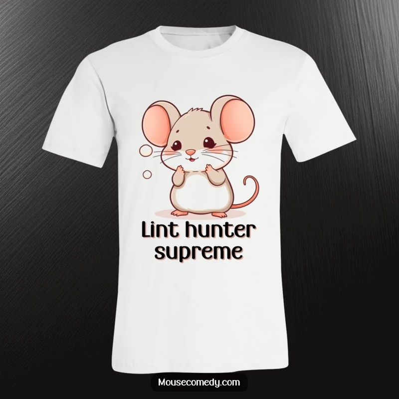 Funny Kawaii Mouse T-Shirt: An adorable mouse enthusiastically playing with a small, airborne dust particle.