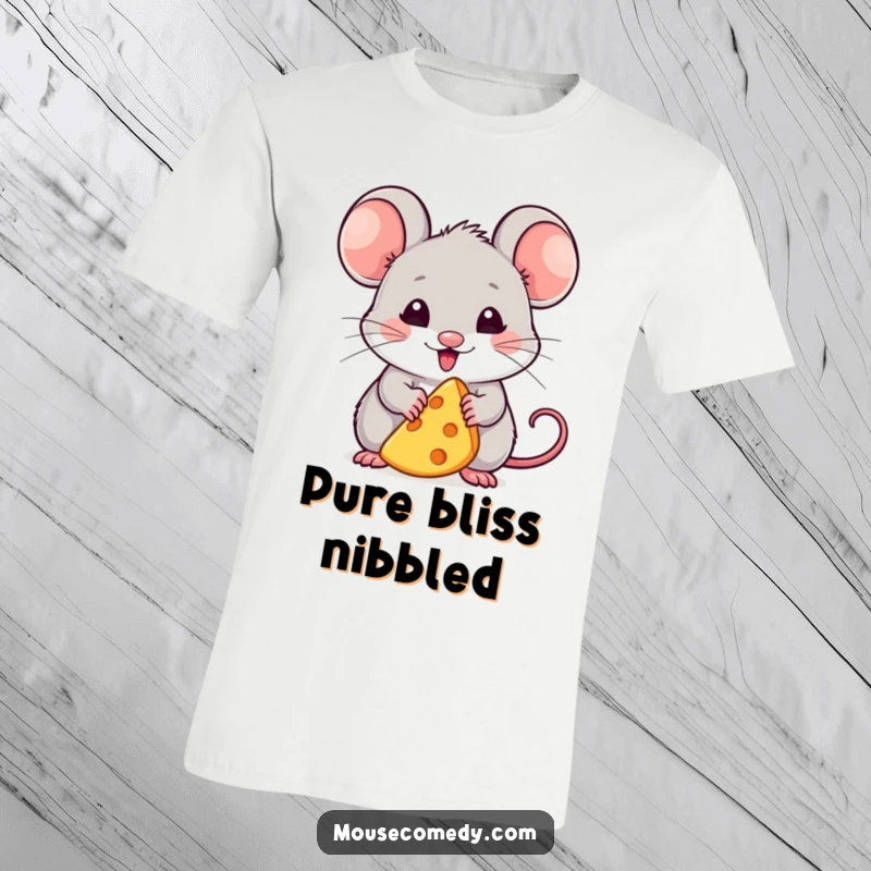 Funny t-shirt featuring a kawaii mouse holding a tiny piece of cheese, looking incredibly pleased, showcasing a love for snacks and happiness.