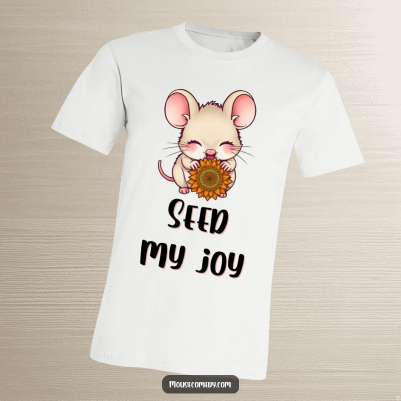Funny delighted mouse t-shirt, showing a small mouse with closed eyes blissfully eating a sunflower seed, embodying happiness.