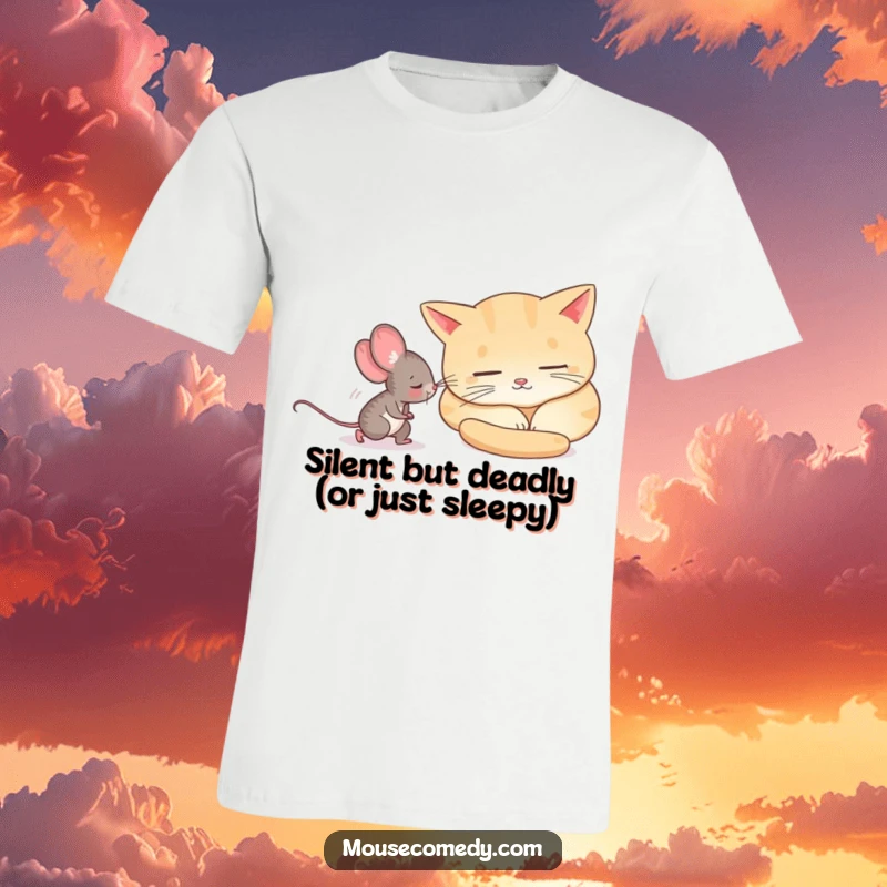Funny mouse tiptoeing with extreme caution past a peacefully sleeping cat, printed on a soft t-shirt.