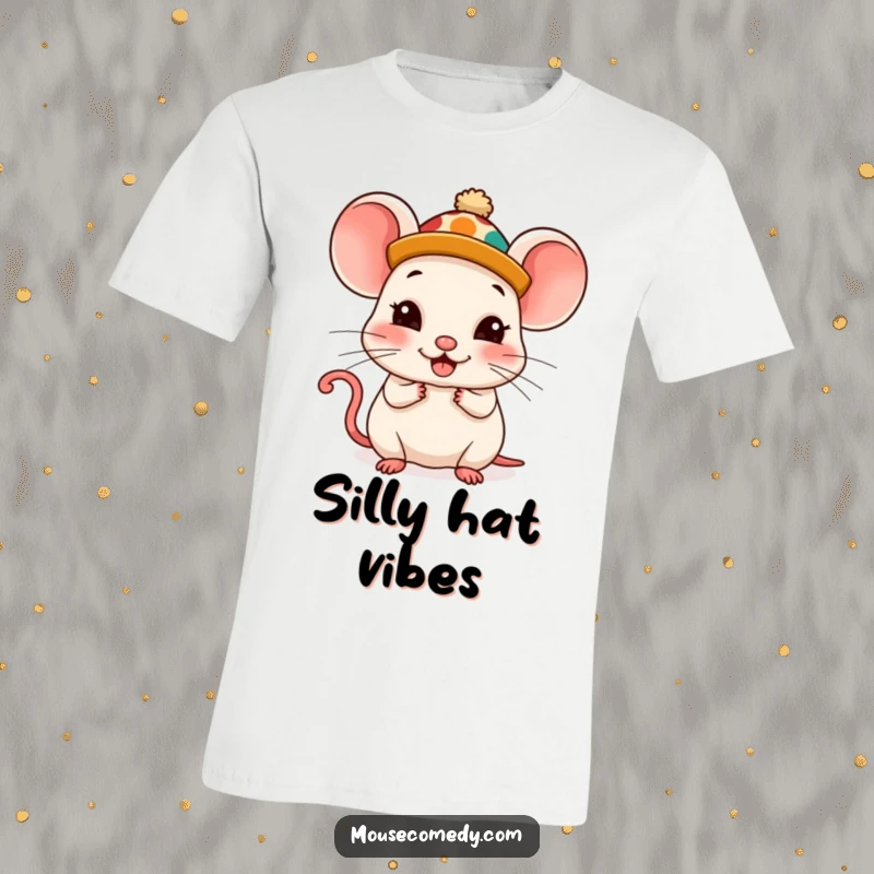 Funny Kawaii Mouse T-Shirt: An adorable mouse proudly wearing a ridiculously funny hat, exuding comical satisfaction.
