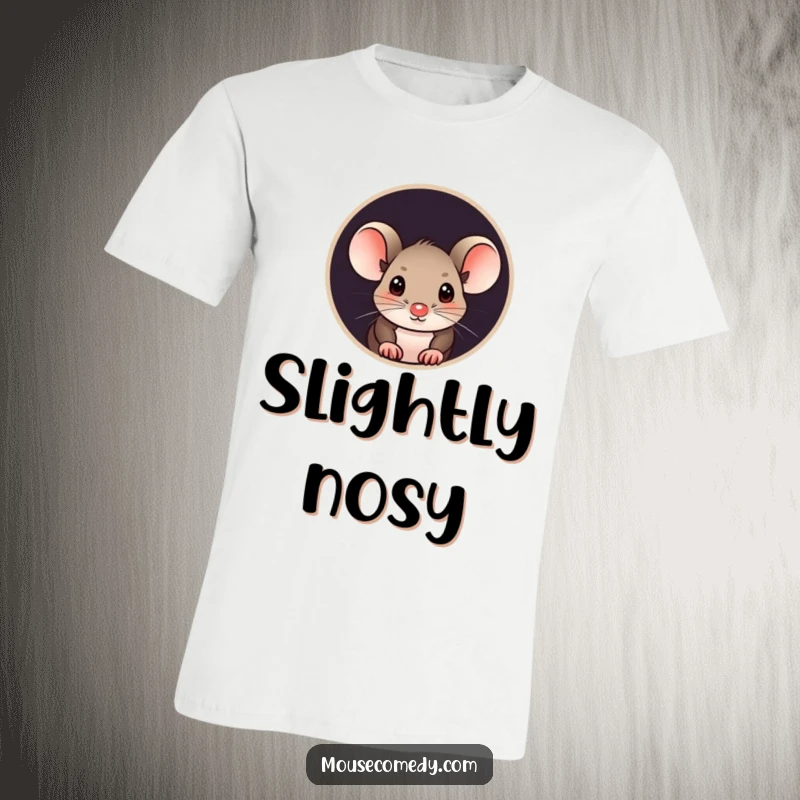 Funny mouse t-shirt with a small, curious mouse peeking out from a round hole, its big eyes wide with intrigue.
