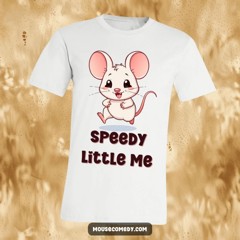 Funny t-shirt with a kawaii mouse having large ears, running with joyful speed, showcasing a cute and energetic character design.