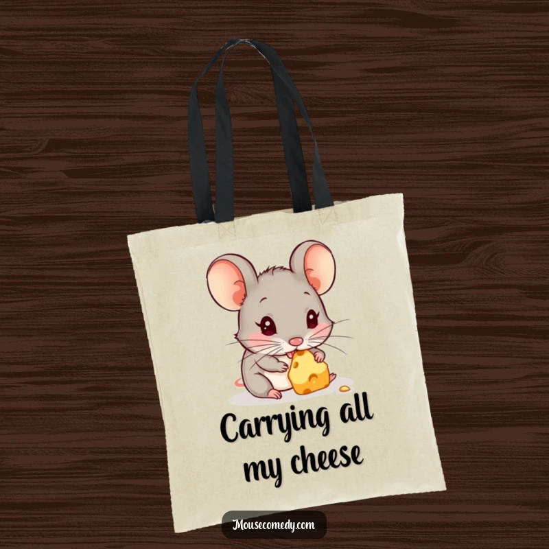 Funny tote bag with a cute mouse heroically carrying a piece of cheese, embarking on a cheesy quest with a determined grin.