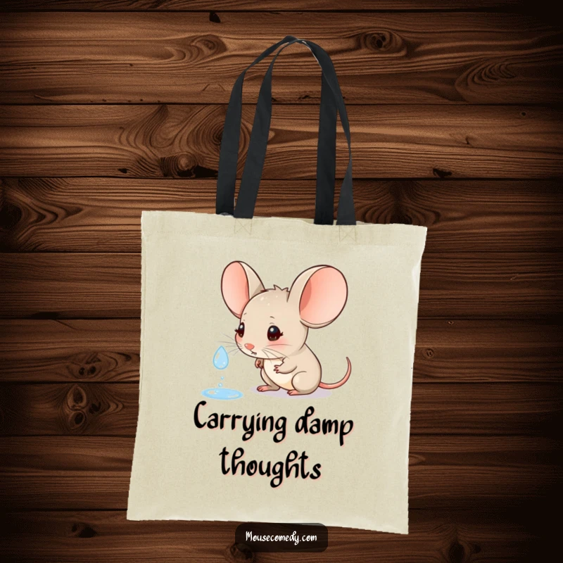 Funny tote bag with a little mouse featuring large ears, curiously watching a raindrop, ready to carry your items with gentle focus.