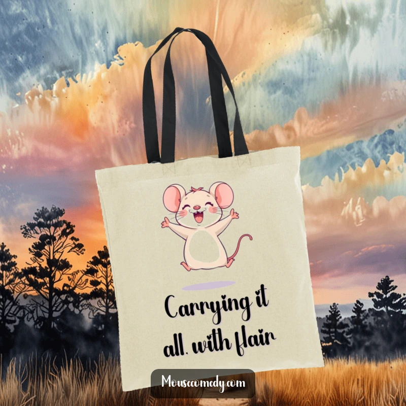 Funny mouse tote bag depicting a joyful mouse leaping with glee, paws up, ready for adventure, practical and humorous for everyday use.