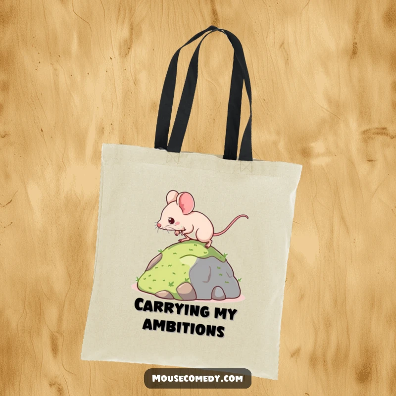 Funny tote bag with a determined kawaii mouse climbing a miniature hill, symbolizing perseverance and strength, perfect for daily use.