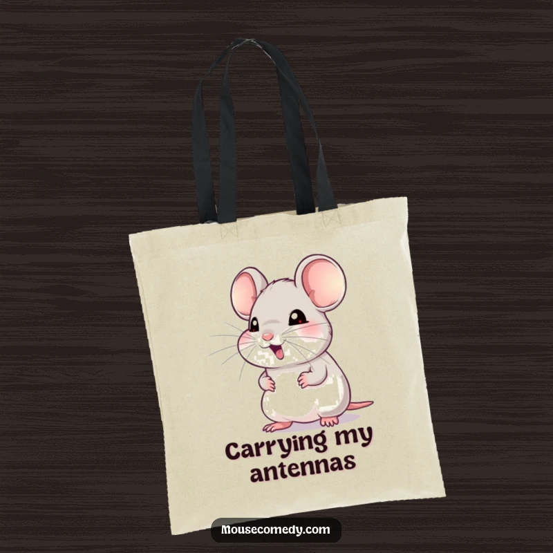 Funny tote bag featuring a small mouse with its whiskers twitching eagerly, intently listening for a sound, embodying curiosity.