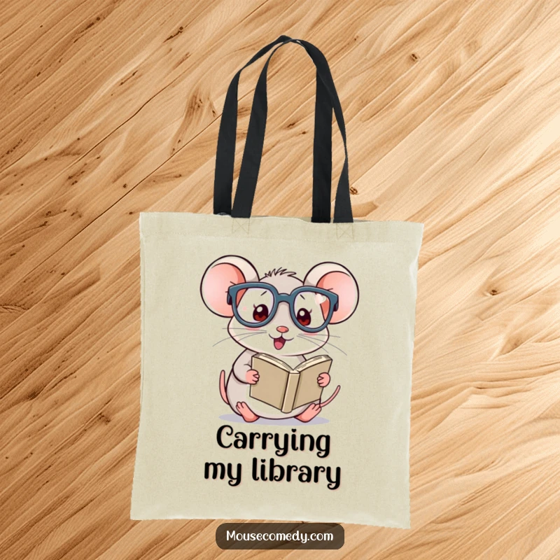 Funny Kawaii Mouse Tote Bag: Adorable mouse wearing glasses, reading a book, ideal for carrying essentials with humor.