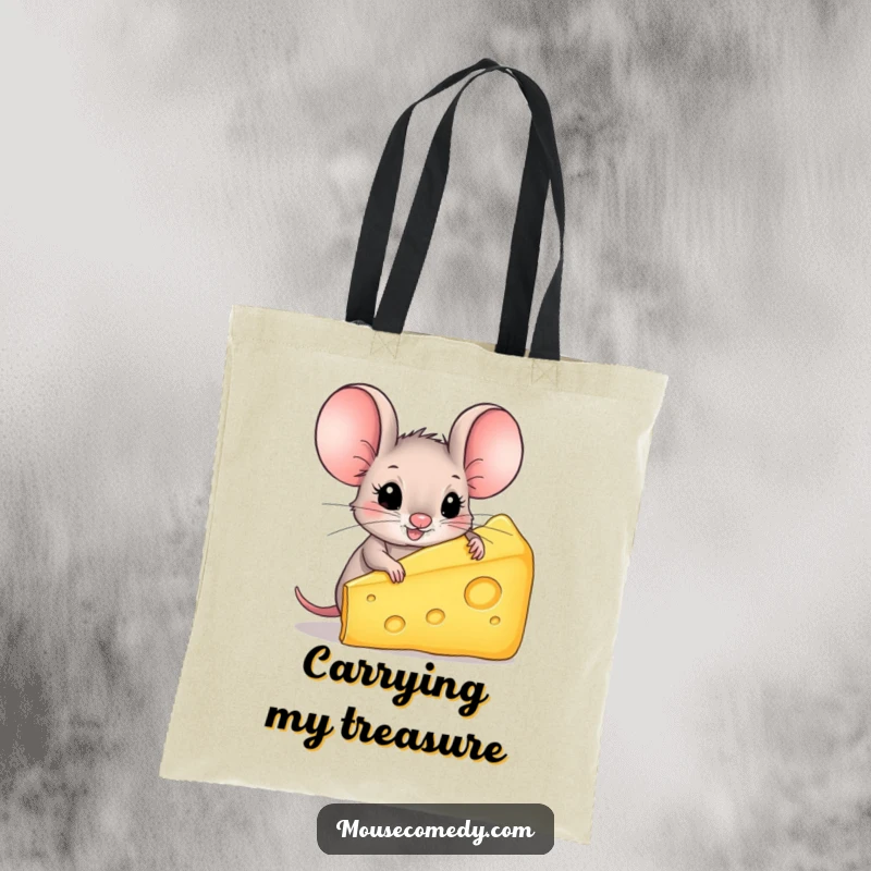 Funny Mouse Tote Bag: A tiny mouse with huge ears carries an enormous piece of cheese, ready for adventure.