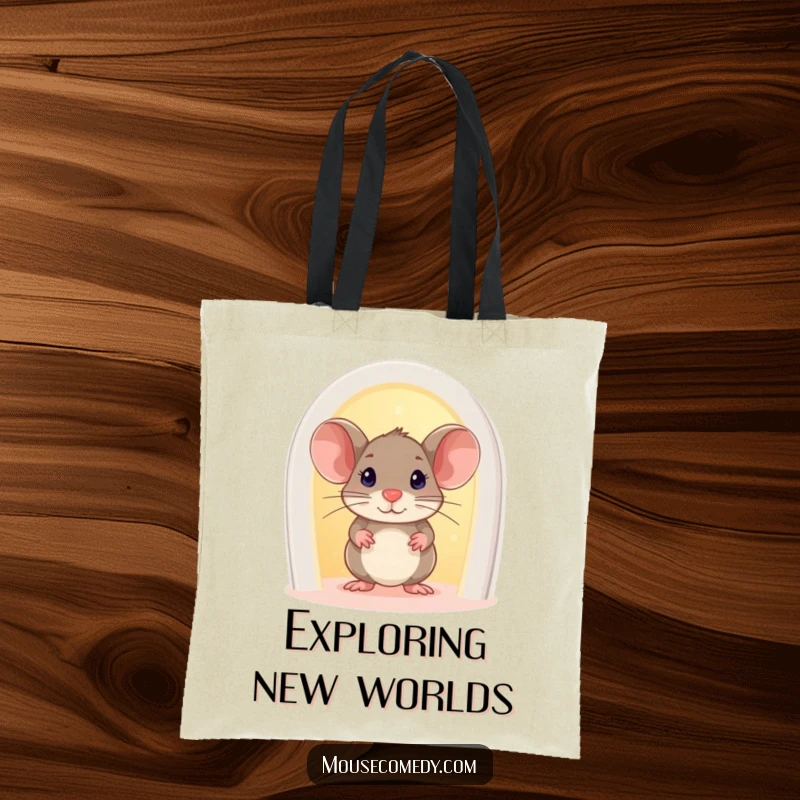 Funny Mouse Tote Bag: A curious mouse peeks from a tiny, brightly glowing doorway, symbolizing exploration and discovery.