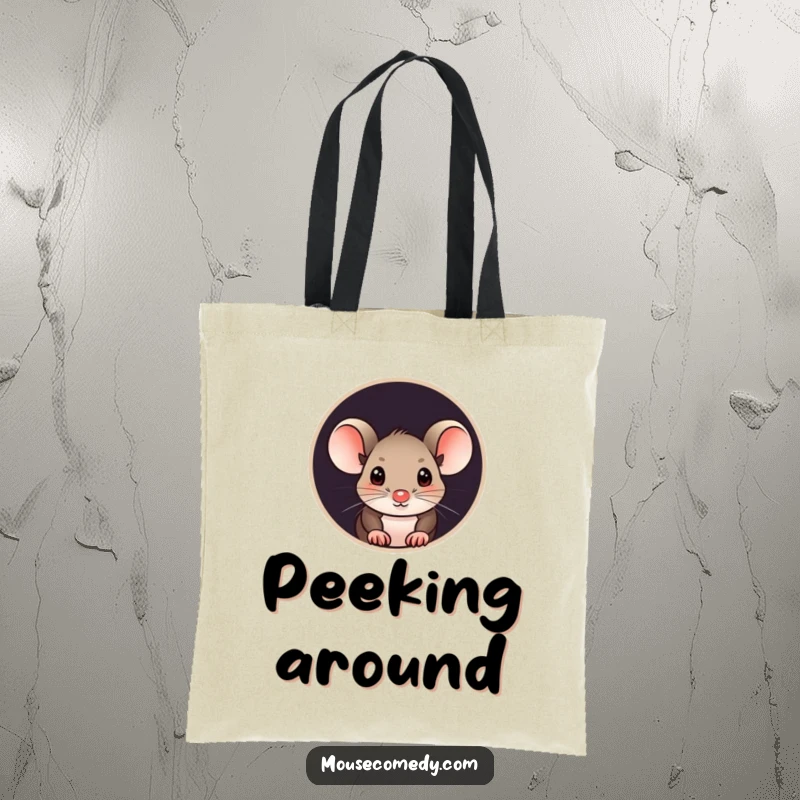 Funny mouse tote bag with a curious mouse peeking its head out from a small, round hole, looking adventurous.