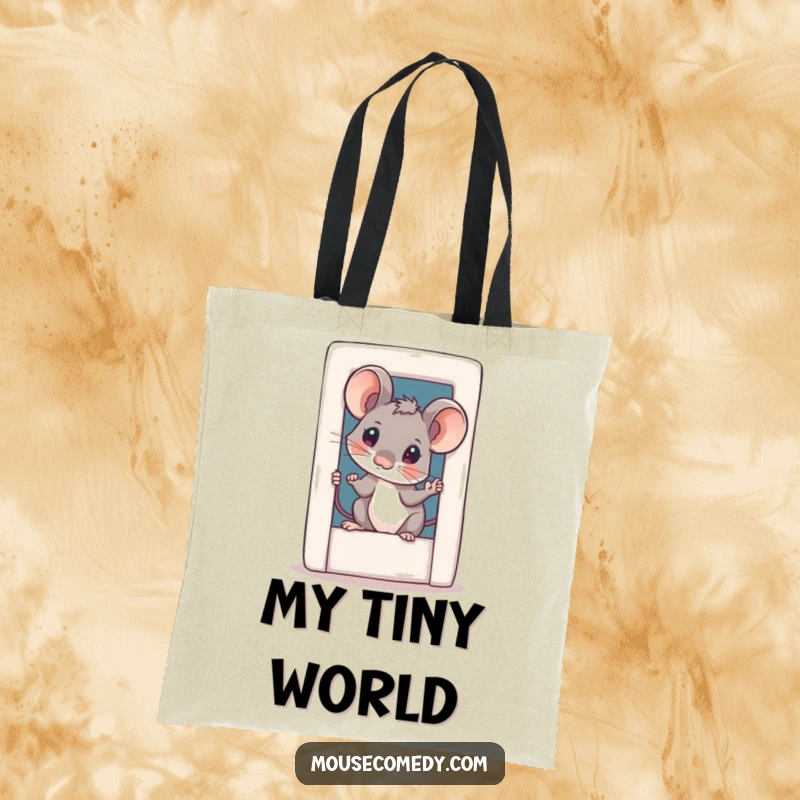 Funny curious mouse tote bag, illustrating a small mouse with its head tilted, peeking out of a miniature door, ready for errands.