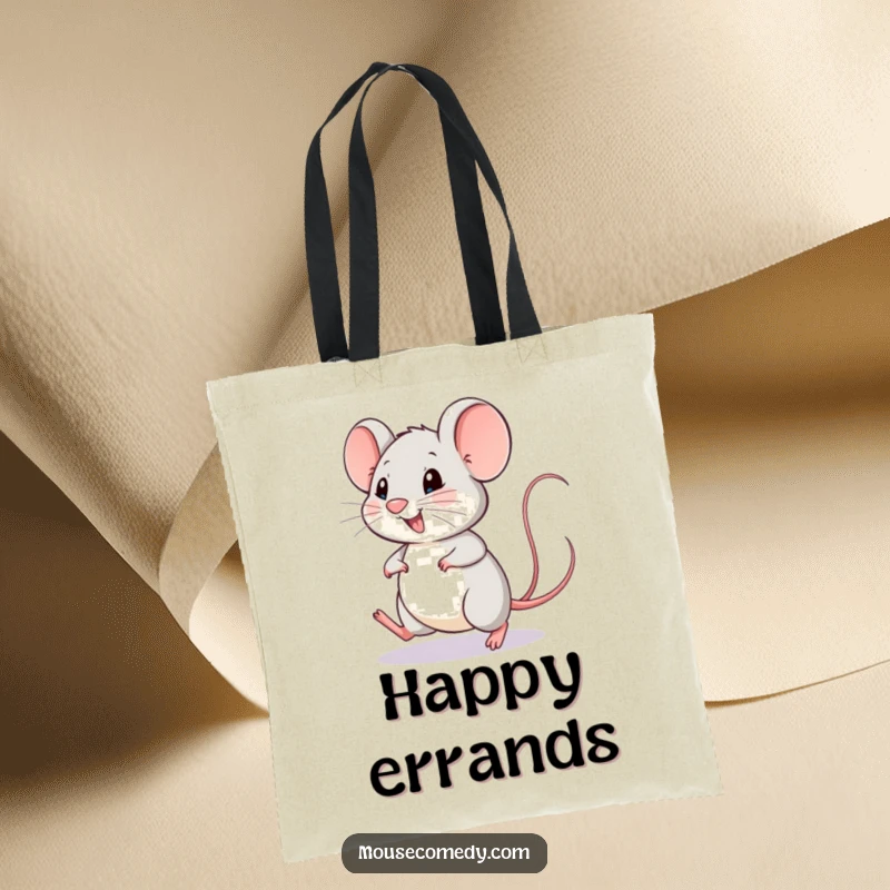 Funny mouse tote bag with a happy mouse doing a small hop, its tail wagging with pure delight.