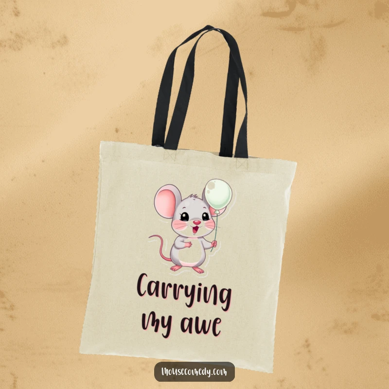 Funny kawaii mouse with wide eyes of surprise, holding a small balloon, ready for errands. Useful and funny gift.