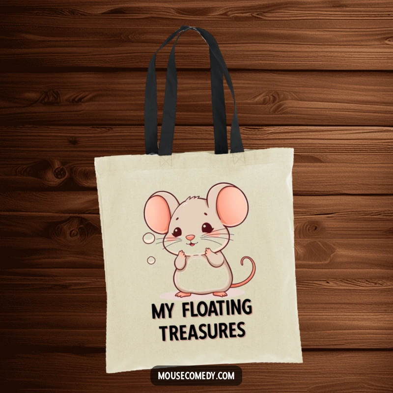 Funny Kawaii Mouse Tote Bag: A charming mouse playfully batting its paws at a small, floating dust mote.