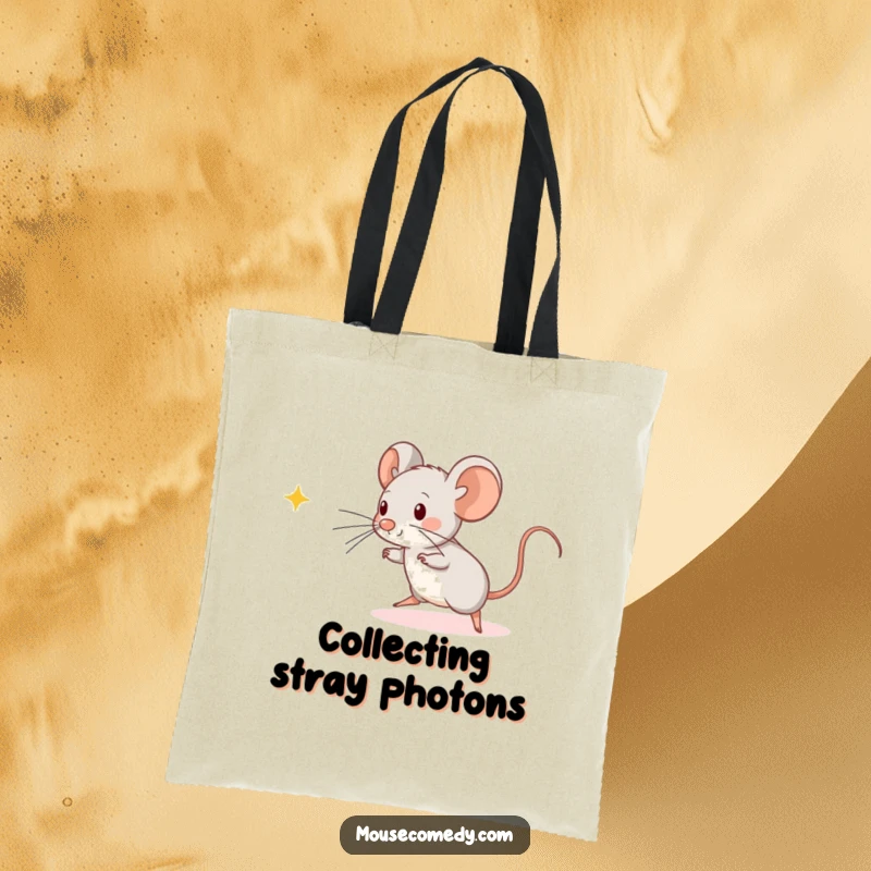 Funny Kawaii Mouse Tote Bag: An energetic kawaii mouse playfully pouncing towards a bright, inviting beam of light.