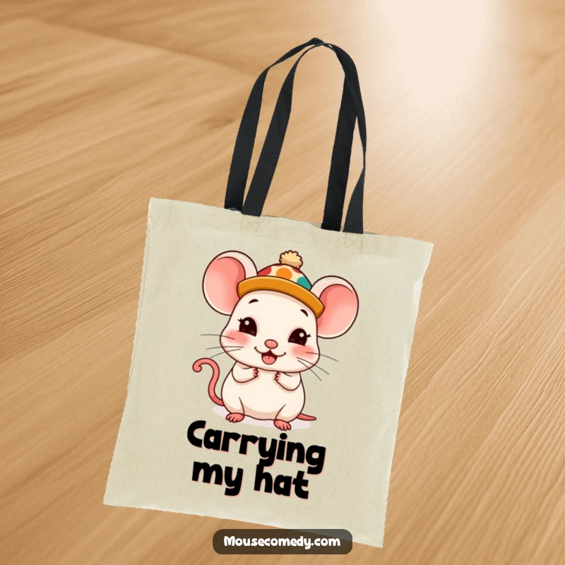 Funny Kawaii Mouse Tote Bag: A charming mouse sporting a wonderfully silly hat, looking utterly and comically pleased.