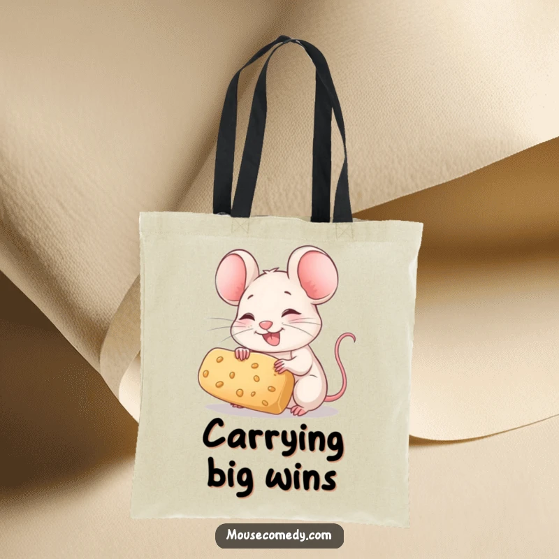 Funny Mouse Tote Bag: A joyful mouse with twitching whiskers holds a large crumb, a cute and practical carry-all.