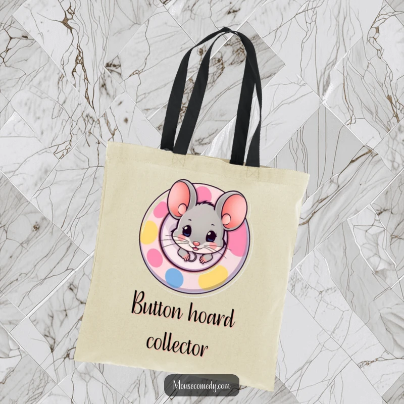 Funny tote bag featuring a small mouse peeking out from behind a large, colorful button, embodying playful curiosity and charm.