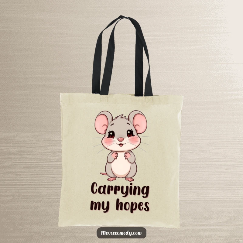 Funny tote bag designed with a shy, friendly mouse conveying a sweet, expectant gaze, perfect for gentle souls.