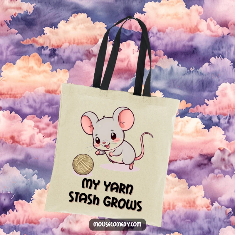 Funny tote bag featuring a determined kawaii mouse playfully chasing a rolling ball of string, ready to carry your goodies with glee.