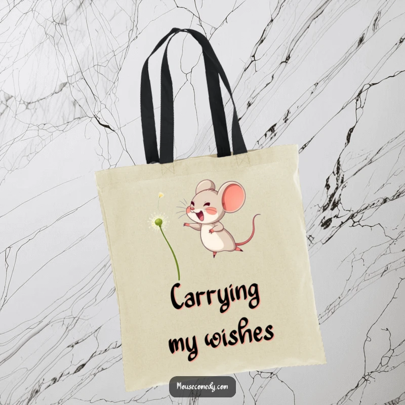 Funny tote bag with a joyful mouse leaping towards a floating dandelion seed, ready to carry your belongings with hopeful excitement.
