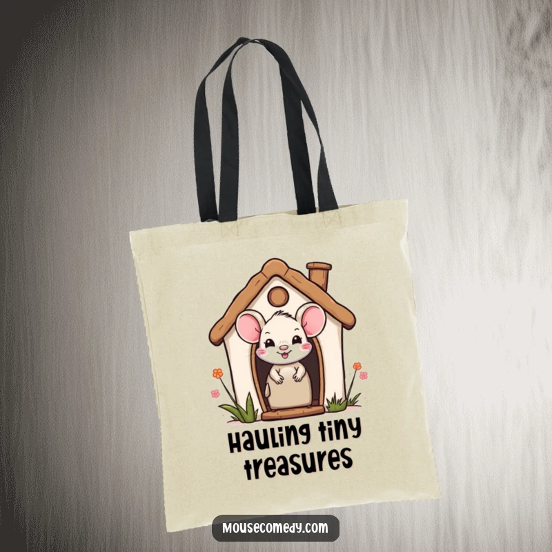 Funny tote bag with a smiling mouse peeking out from a miniature house, ready to carry your belongings with cute, curious charm.