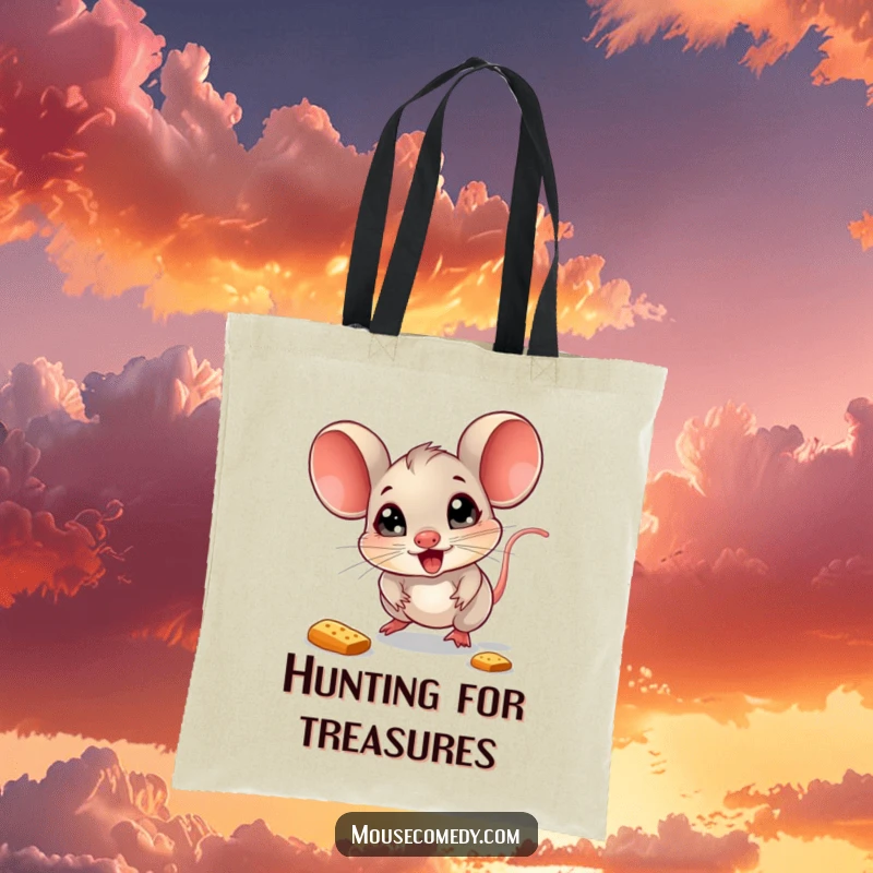 Funny Mouse Tote Bag: A delighted mouse with sparkling eyes pursues a bouncing crumb, symbolizing happiness.