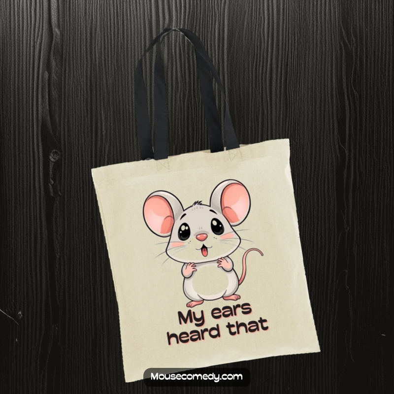 Funny surprised mouse tote bag, ears erect in shock, cute expressive animal, practical and humorous gift.