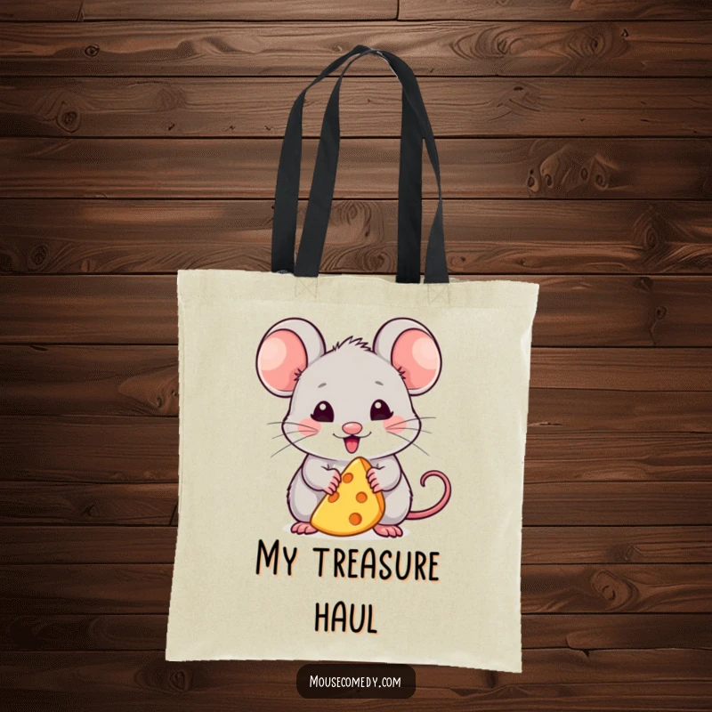 Funny tote bag with a kawaii mouse looking immensely pleased with a tiny cheese wedge, a cute and humorous accessory for cheese enthusiasts.