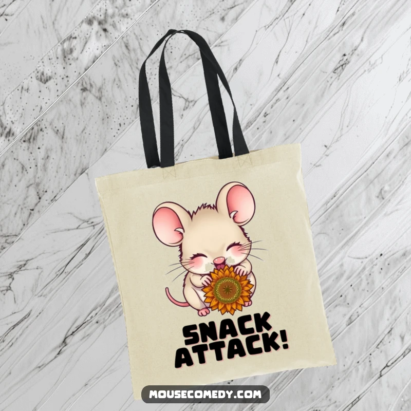 Funny delighted mouse tote bag, with closed eyes, eating a sunflower seed, portraying a moment of pure, happy satisfaction.