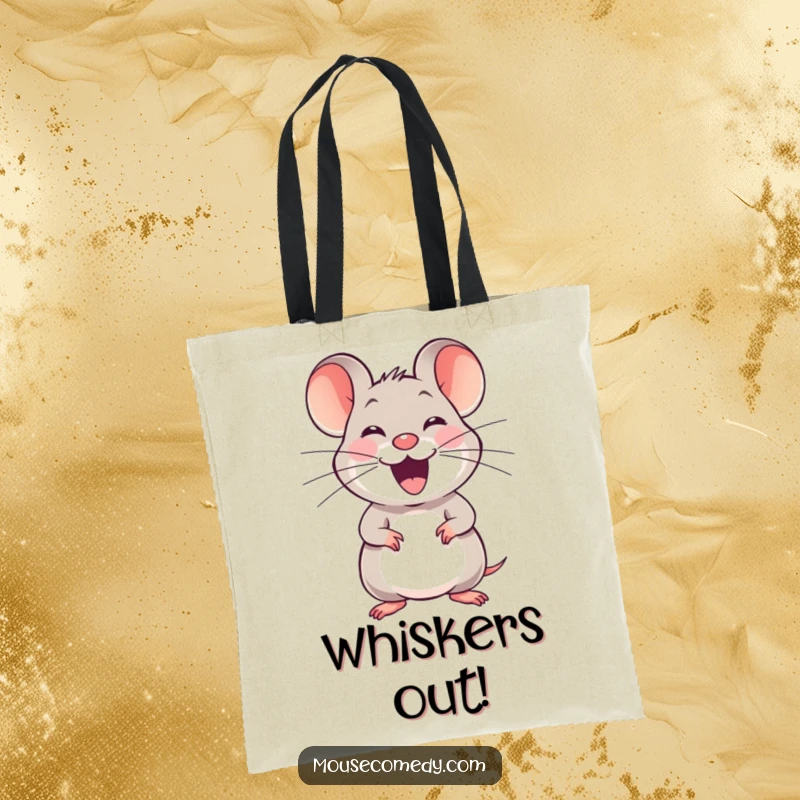 Funny joyful mouse tote bag, showing a small mouse with a happy squeak stretching its whiskers, perfect for carrying everyday items.